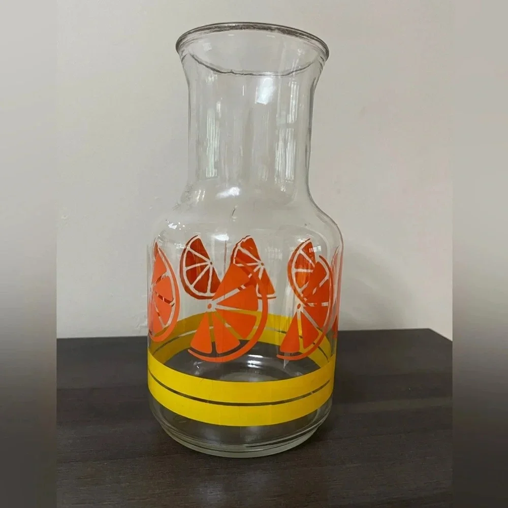 Vintage Libbey of Canada Juice Carafe Pitcher Orange Slices Yellow Design Glass